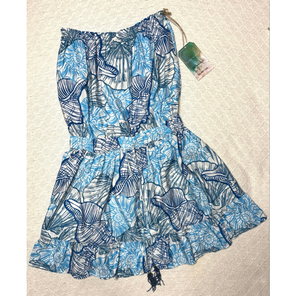 NWT True Destinations Blue Botanical Strapless Swimsuit Coverup Dress SZ Medium